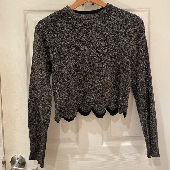 Zara Gray Scalloped Hem Cropped Shimmer Sweater - Picture 1 of 5